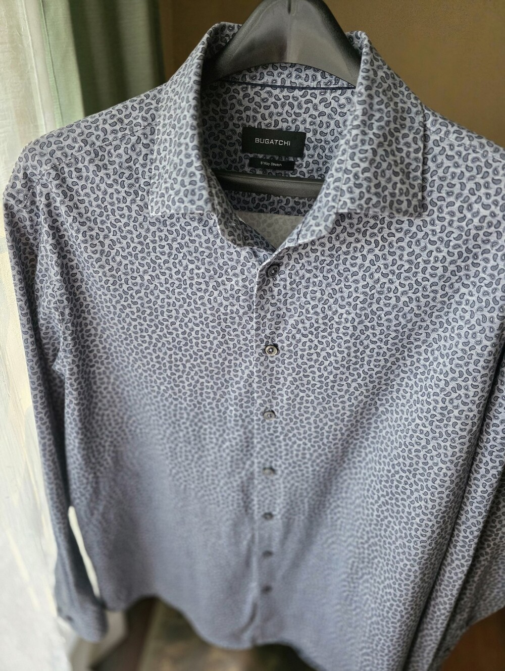 Bugatchi OoohCotton Men's XL Navy Paisley 8-Way Stretch Performance Button Down